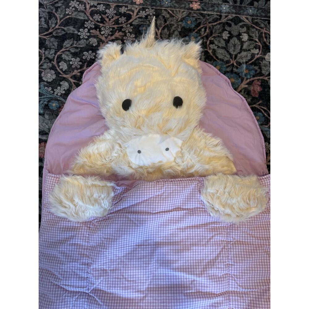 Pottery Barn Shaggy Unicorn Purple Gingham Sleeping Bag “ZOE” Monogram NWT - Picture 3 of 9